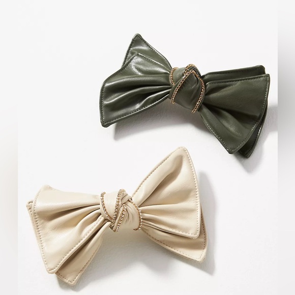 Anthropologie Accessories - Studded Faux-Leather hair Bows, Set of 2 - Cream & Olive